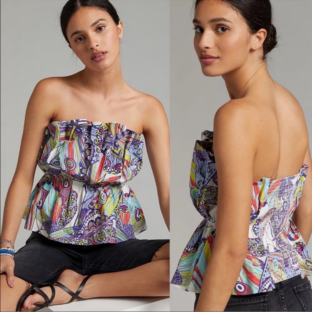 Anthropologie Diana‎ Ruffled Smocked Strapless Tube Top Abstract Print Size XS
